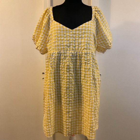 ❤️ Old Navy Yellow Fit & Flare Puff-Sleeve Seersucker All-Day Mini Dress Size L - Picture 3 of 12